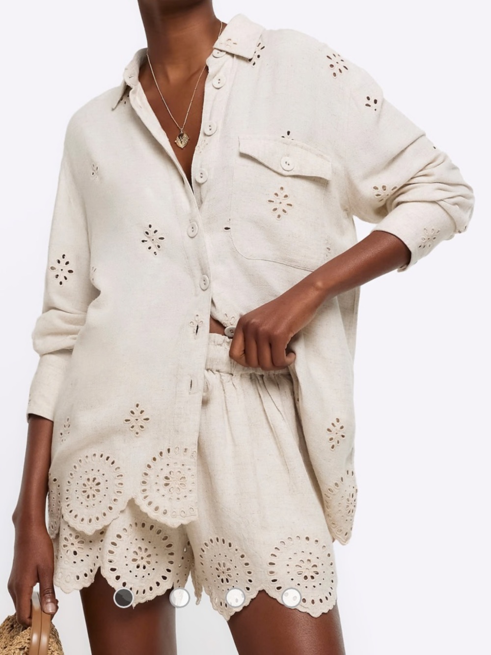 River Island Linen Blend Broderie Anglaise Button-Up Shirt Size 14
